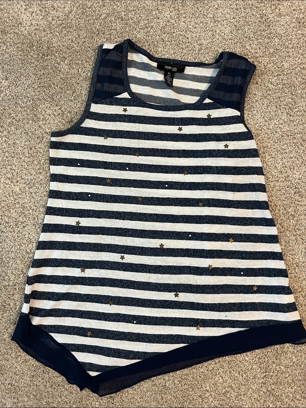 Style&Co Navy & White Striped Sleeveless Embellished Top w/ Asymmetrical Hem PL